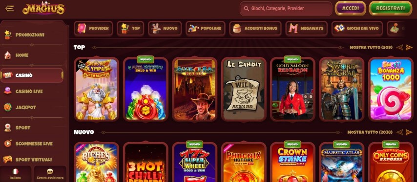 Sezione casinò di Magius Casino con le slot in evidenza